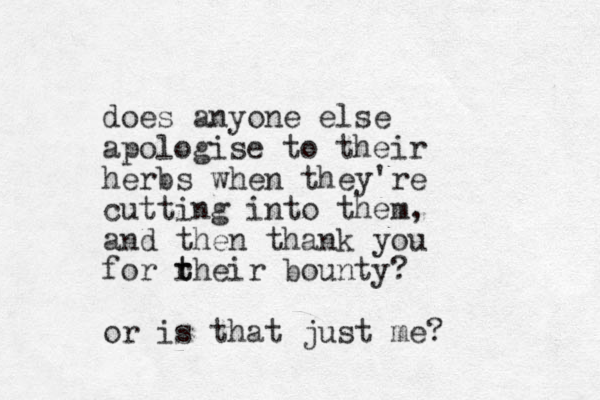 does anyone else apologise to their herbs when they're cutting into them, and then thank you for rheir bounty? t t or is that just me?