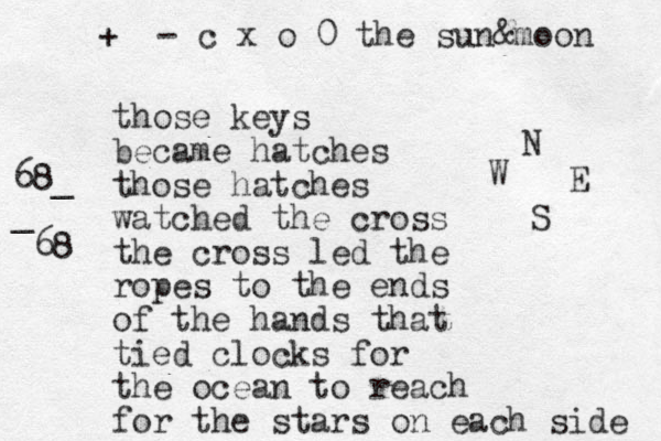 those keys became hatches those hatches watched the cross the cross led the ropes to the ends of the hands that tied clocks for the ocean to reach for the stars on each side + - c x o 0 the sun&moon N S E W 68_ _ 68 