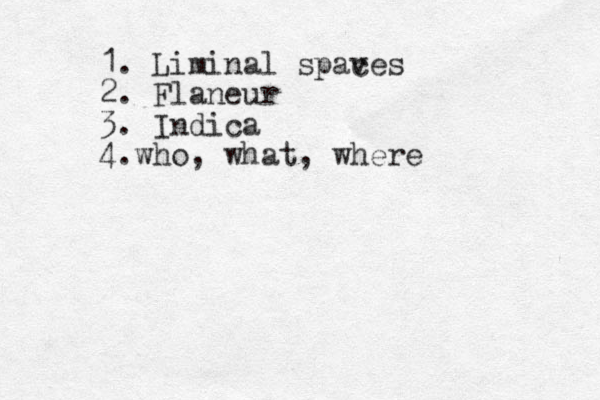 1. Liminal spaves c 2. Flaneur 3. Indica 4.who, what, where