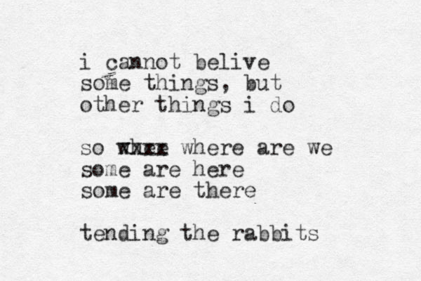 i cannot belive some things, but other things i do so whee xxxx where are we some are here some are there tending the rabbits