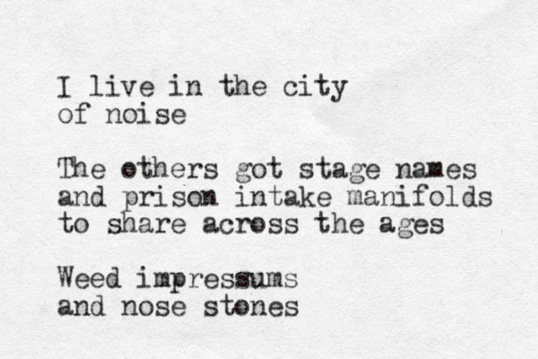 I live in the city of noise The others got stage names and prison intake manifolds to share across the ages Weed impressums and nose stones 