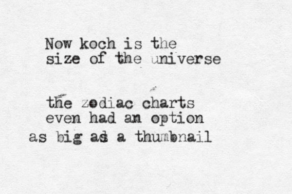 Now koch is the size of the universe the zodiac charts even had an option as big ad s a thumbnail 