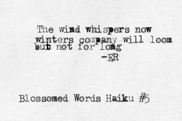 The wind whispers now winters company will loom bur t t not for long -ER Blossomed Words Haiku #5 