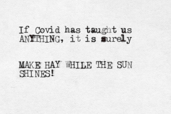 If Covid has taught us ANYTHING, it is surely MAKE HAY WHILE THE SUN SHINES! 