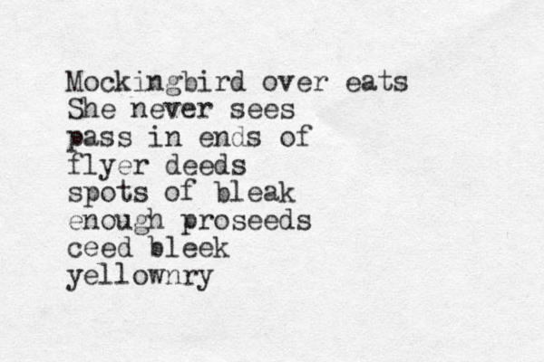 Mockingbird over eats She never sees pass in ends of flyer deeds spots of bleak enough proseeds ceed bleek yellownry