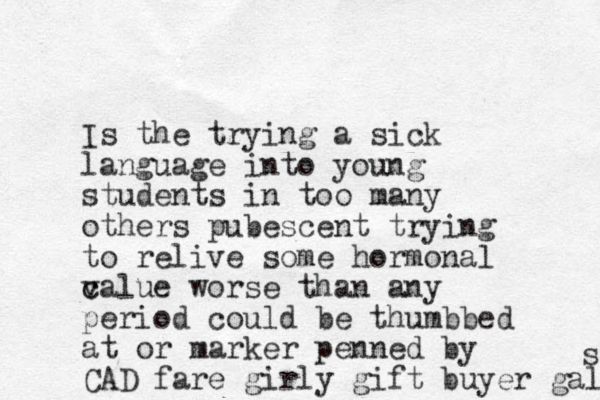 Is the trying a sick language into young students in too many others pubescent trying to relive some hormonal calue v c worse than any period could be thumbbed at or marker penned by CAD fare girly gift buyer gals s 