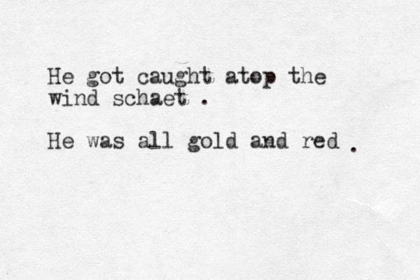 He got caught atop the wind schaet . He was all gold and red . 