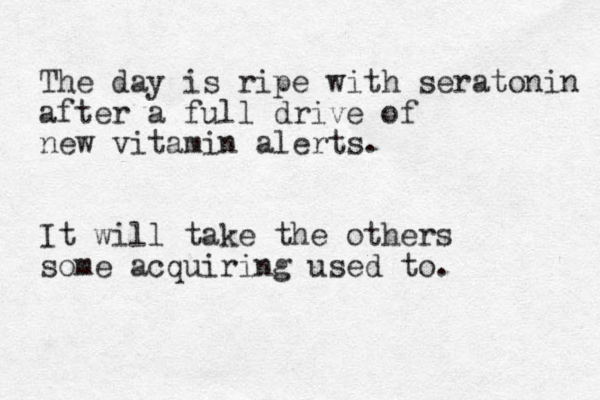 The day is ripe with seratonin after a full drive of new vitamin alerts. It will take the others some acquiring used to. 