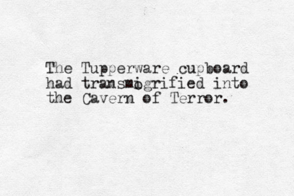 The Tupperware cupboard had transmigrified into the Cavern of Terror. o 