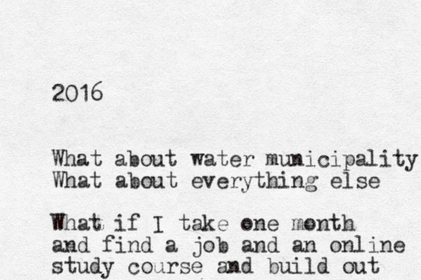 2016 What about water municipality What about everything else What if I take one month and find a job and an online study course and build out 