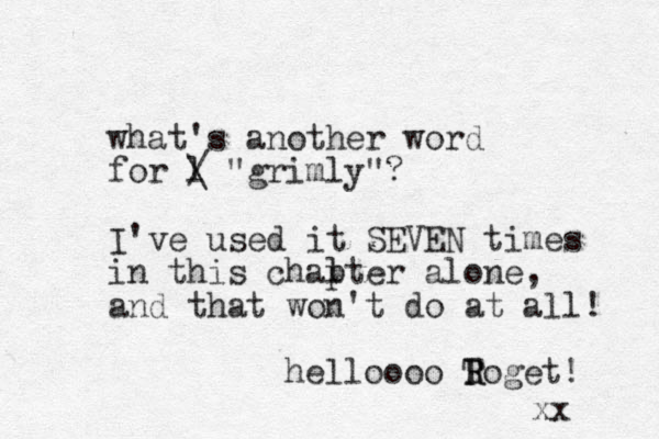 what's another word for l / \ "grimly"? I've used it SEVEN times in this chalter alone p , and that won't do at all! helloooo T R Roget! xx 