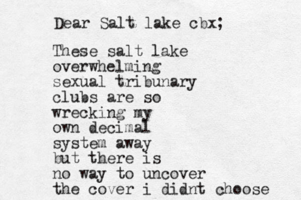 These salt lake overwhelming sexual tribunary clubs are so wrecking my own decimal system away but there is no way to uncover the cover i didnt choose Dear Salt lake cbx; 
