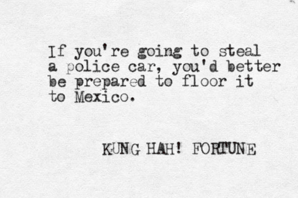 If you're going to steal a police car, you'd better be prepared to floor it to Mexico. KUNG HAH! FORTUNE 