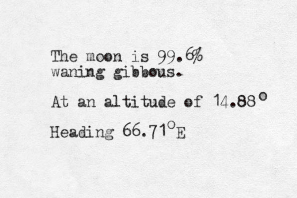 The moon is 99.6% waning gibbous. At an altitude of 14.88 Heading 66.71 E o o 
