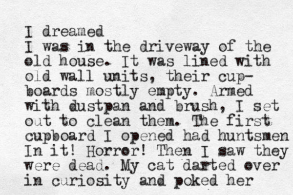 I dreamed I was in the driveway of the old house. It was lined with old wall units, their cup- boards mostly empty. Armed with dustpan and brush, I set out to clean them. The first cupboard I opened had huntsmen I n it! Horror! Then I saw they were dead. My cat darted over in curiosity and poked her 