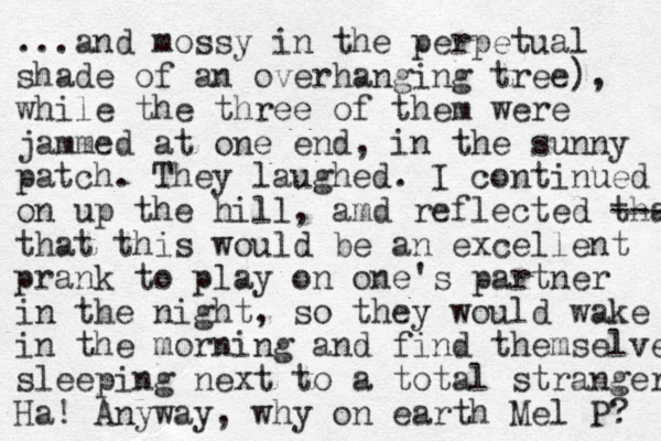 ...and mossy in the perpetual shade of an overhanging tree), while the three of them were jammed at one end , in the sunny patch. They laughed. I continued on up the hill, amd reflected that --- that this would be an excellent prank to play on one's partner in the night, so they would wake in the morning and find themselves sleeping nex t to a total stranger Ha! Anyway, why on earth Mel P? 