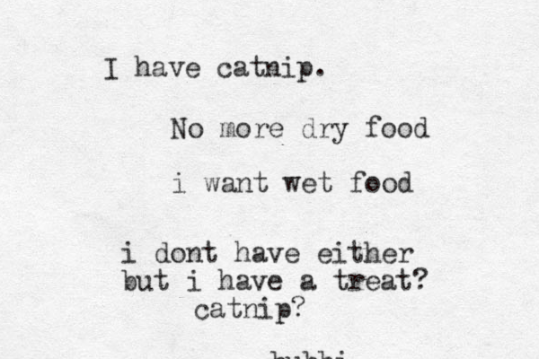 bubbi No more dry food i want wet food i dont have either but i have a treat? catnip? I have catnip.