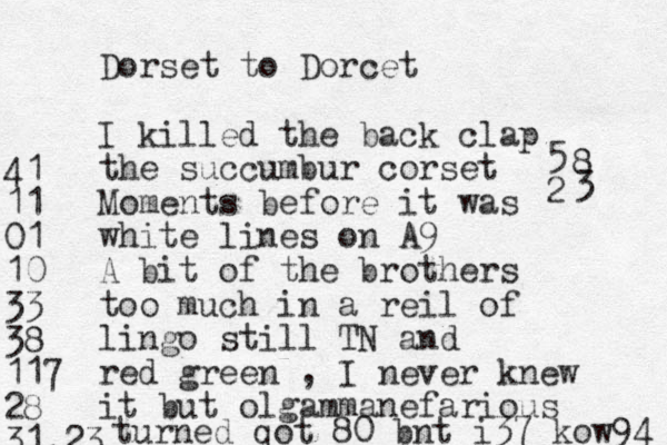 Dorset to Dorcet I killed the back clap the succumbur corset Moments before it was white lines on A9 A bit of the brothers too much in a reil of lingo still TN and red green , I never knew it but olgammanefarious turned qot 80 bnt i37 kow94 5 2 8 3 41 11 01 10 33 38 117 28 31.23