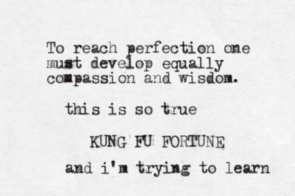 To reach perfection one must develop equally compassion and wisdom. KUNG FU FORTUNE this is so true and i'm trying to learn 