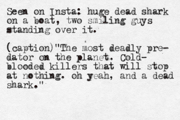 Seen on Insta: huge dead shark on a boat, two smiling guys standing over it. (caption)"The most deadly pre- dator on the planet. Cold- blooded killers that will stop at nothing. oh yeah, and a dead shark."