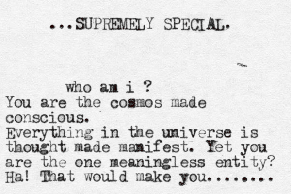 who am i ? You are the cosmos made conscious. Everything in the universe is thought made manifest. Yet you are the one meaningless entity? Ha! That would make you........ ...SUPREMELY SPECIAL. 
