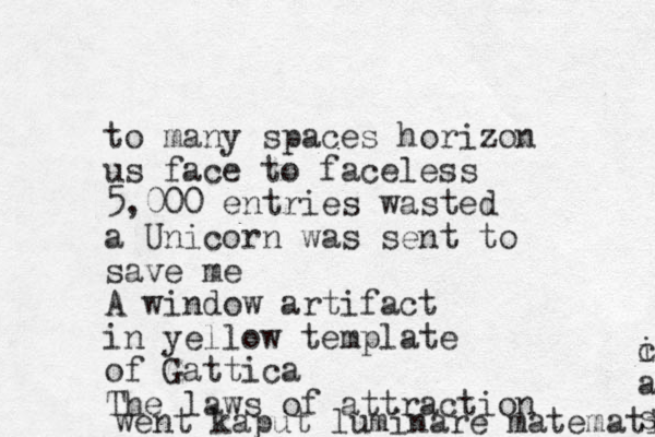to many spaces horizon us face to faceless 5,000 entries wasted a Unicorn was sent to save me A window artifact in yellow template of Gattica The laws of attraction went kaput luminare matemati i c as s 