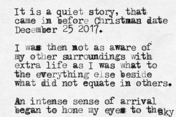 It is a quiet story, that came in before Christman s date December 25 2017. I was then not as aware of my other surroundings with extra life as I was what to the everything else beside what did not equate in others. An intense sense of arrival began to hone my eyes to the sky 
