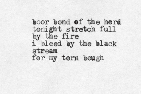 boor bond of the herd tonight stretch full by the fire i bleed by the black stream for my torn bough 