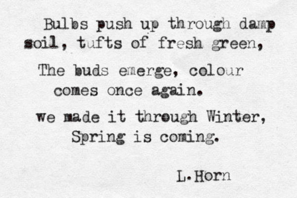 Bulbs push up through damp soil, tufts of fresh green, The buds emerge, colour comes once again. we made it through Winter, Spring is coming. L.Horn 