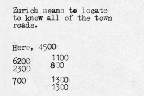 Zurich means to locate to know all of the town roads. Here, 4500 6200 2300 1100 800 1300 1300 700