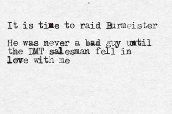 It is time to raid Burmeister He was never a bad guy until the DMT salesman fell in love with me