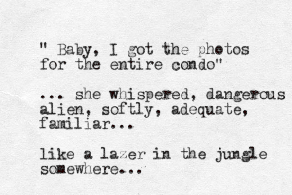 " Baby, I got the photos for the entire condo" ... she whispered, dangerous alien, softly, adequate, familiar... like a lazer in the jungle somewhere...