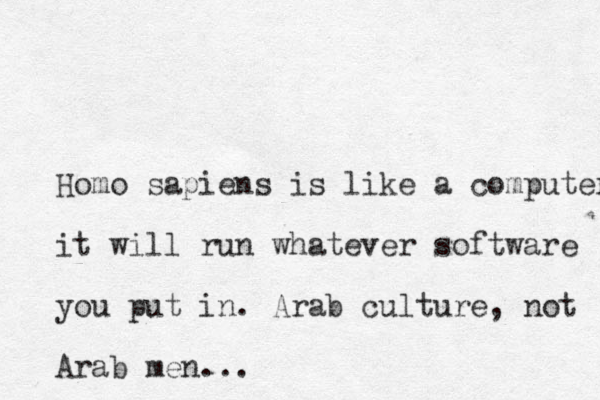 Homo sapiens is like a computer it will run whatever software you put in . Arab culture, not Arab men...