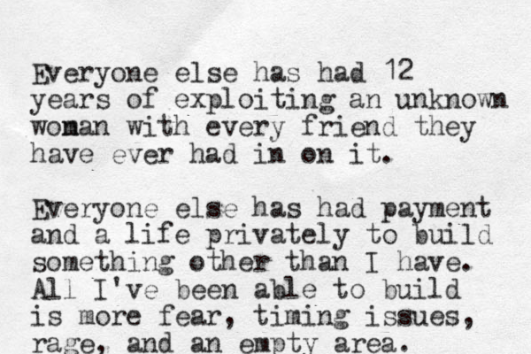 Everyone else has had 12 years of exploiting an unknown won man with every friend they have ever had in on it. Everyone else has had payment and a life privately to build something other than I have. All I've been able to build is more fear, timing issues, rage, and a n empty area. 
