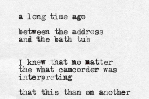 a long time ago between the address and the bath tub I knew that no matter the what camcorder was interpreting that this than on another 