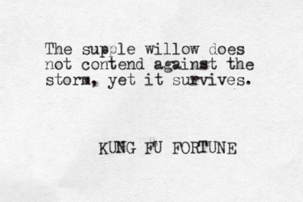 The supple willow does not contend against the storm, yet it survives. KUNG FU FORTUNE 