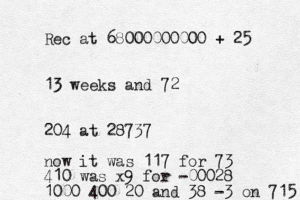 Rec at 68000000000 + 25 13 weeks and 72 204 at 28737 now it was 117 for 73 410 was x9 for -00028 1000 400 20 and 38 -3 on 715 