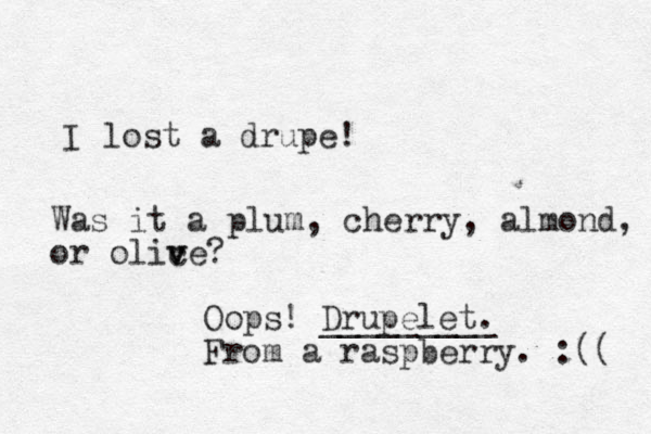 lost a drupe! I Was it a plum, cherry, almond, or olic v ve? Oops! Drupelet. _________ From a raspberry. :(( 