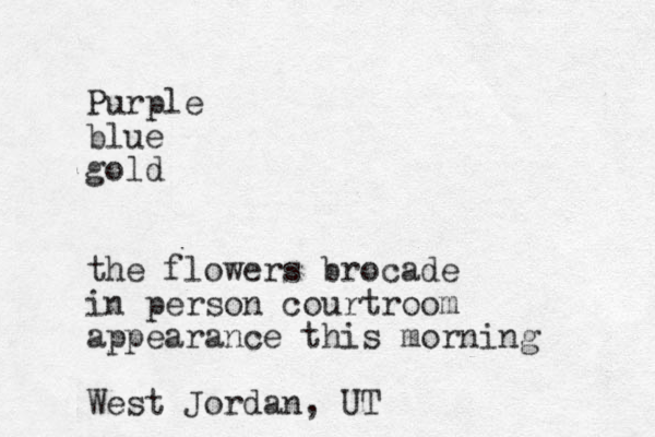 Purple blue gold the flowers brocade in person courtroom appearance this morning West Jordan, UT 