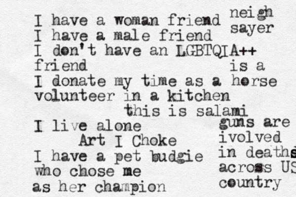 I have a woman friend I have a male friend I don't have an LGBTQIA++ friend I donate my time as a volunteer in a kitchen I live alone I have a pet budgie who chose me me as her champion guns are ivolved in deathd s s s across US country this is salami Art I Choke neigh sayer horse is a 