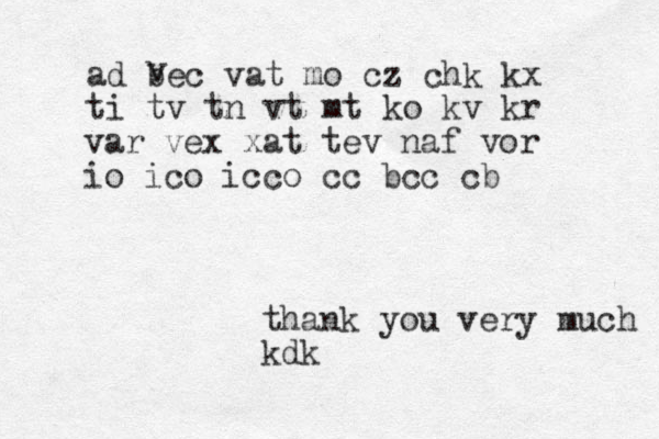 ad bec vat mo cz chk kx ti tv tn vt mt ko kv kr v var vex xat tev naf vor io ico icco cc bcc cb thank you very much kdk