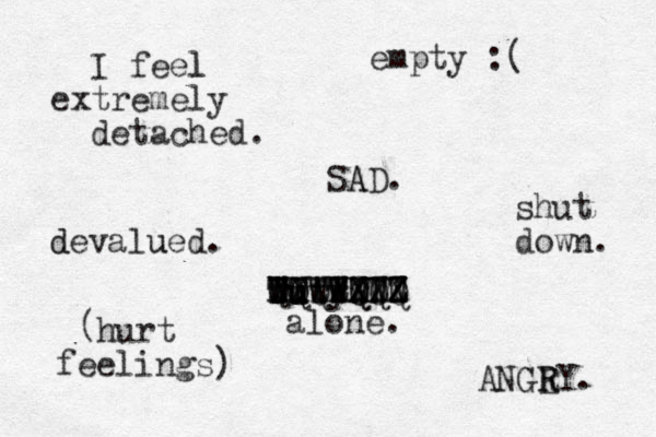 I feel l extremely detached. empty :( SA AD. de d valu ued. shut down. hir u u u huty XXXXX QQQWW Q WWWWWW TTTTTTT XXX QQQ WWW Z Z ZZZZ alone. hurt feelings) ( ANGE R RY. 