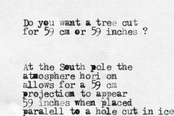 Do you want a tree cut for 59 cm or 59 inches ? At the South pole the atmosphere horizon allows for a 59 cm projection to appear 59 inches when placed paralell to a hole cut in i e c 