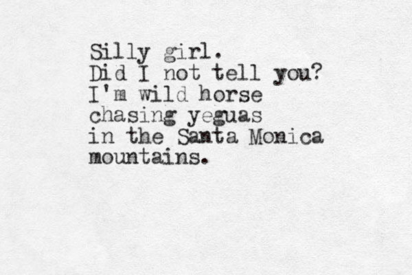 Silly girl. Did I not tell you? I'm wild horse chasing yeguas in the Santa Monica mountains.