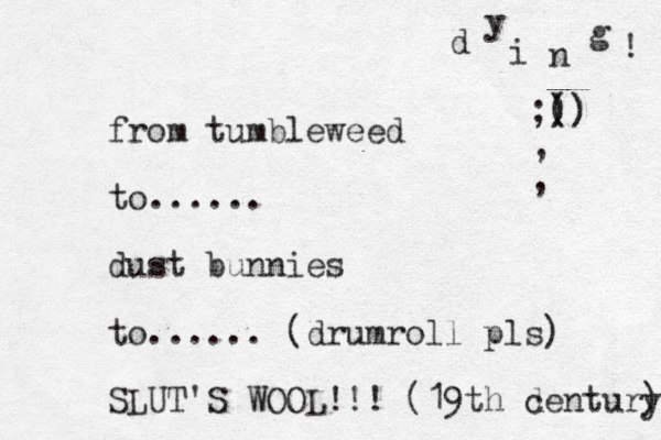 from tumbleweed to...... dust bunnies to...... (drumroll pls) SLUT 'S WOOL!!! (19th d century ) d y i n g ! ;)) () ) ) , , 