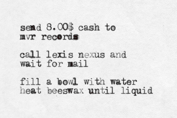 send 8.00$ cash to mvr records call lexis nexus and wait for mail fill a bowl with water heat beeswax until liquid 