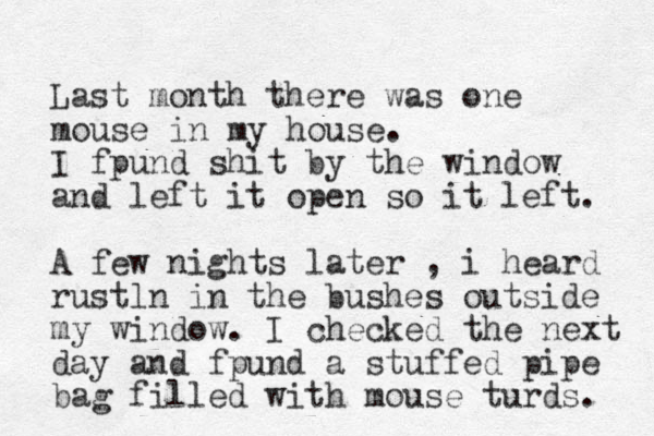 Last month there was one mouse in my house. I fpund shit by the window and left it open so it left. A few nights later , i heard rustln in the bushes outside my window. I checked the next day and fpund a stuffed pipe bag filled with mouse turds. 