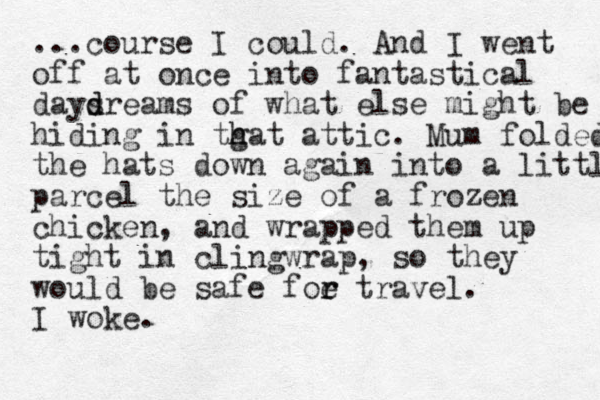 ...course I could. And I went off at once into fantastical daysrea d d ms of what else might be hiding in tgat h h attic. Mum folded the hats down again into a little parcel the size of a frozen chicken, and wrapped them up tight in clingwrap, so they would be safe foe r r travel. I woke.
