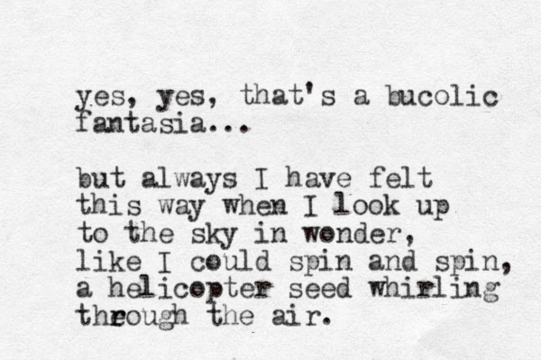 yes, yes, that's a bucolic fantasia... but always I have felt this way when I look up to the sky in wonder, like I could spin and spin, a helicopter seed whirling theough r r the air. 