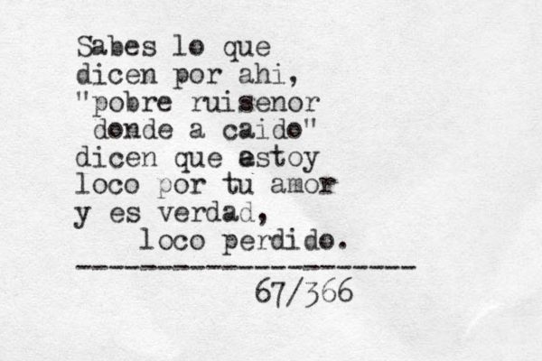 Sabes lo que dicen por ahi, "pobre ruisenor donde a caido" dicen que a e estoy loco por tu amor y es verdad, loco perdido. --------------------- 67/366